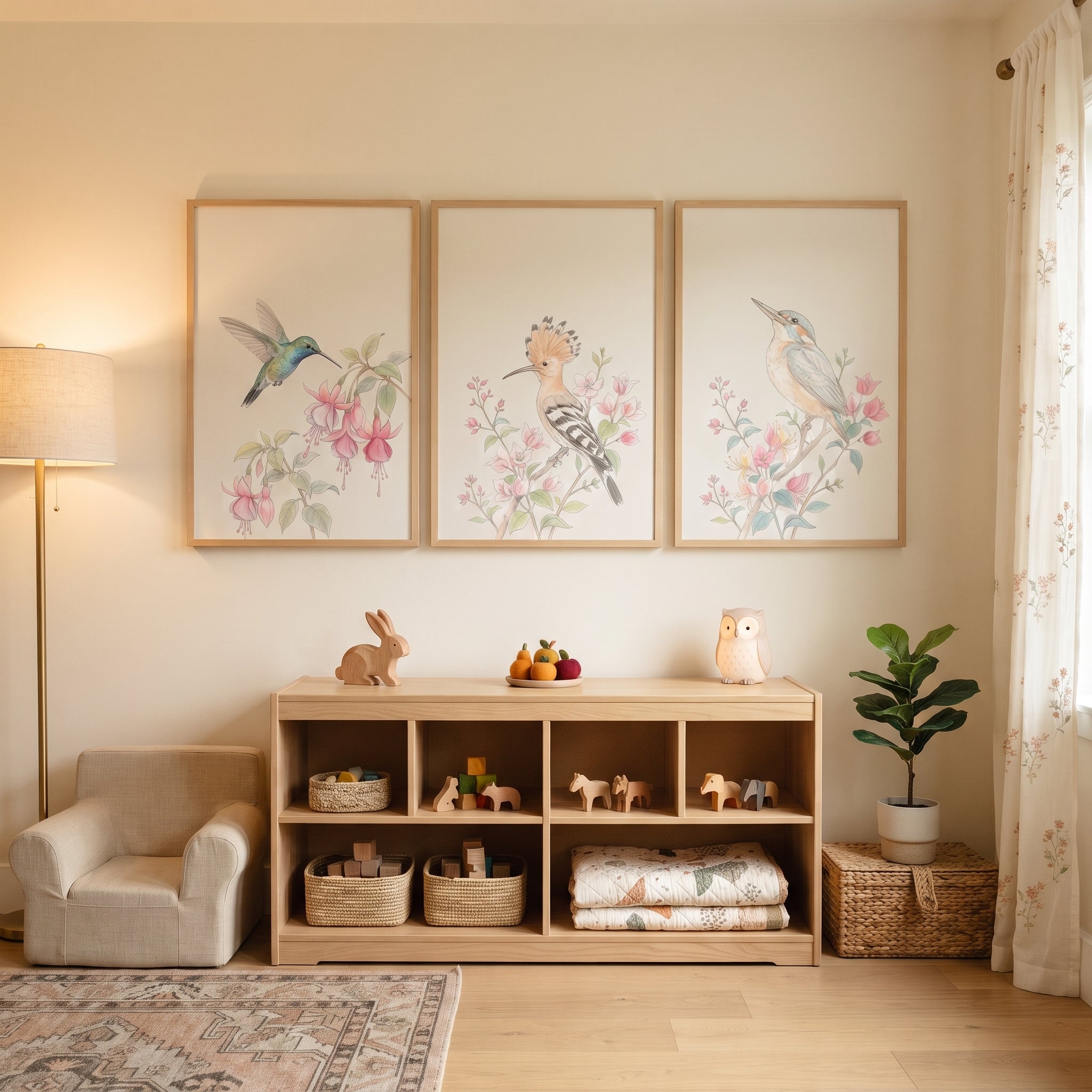 Blush Watercolor Floral Birds Wall Art Set of 3 - Delicate Floral Wings