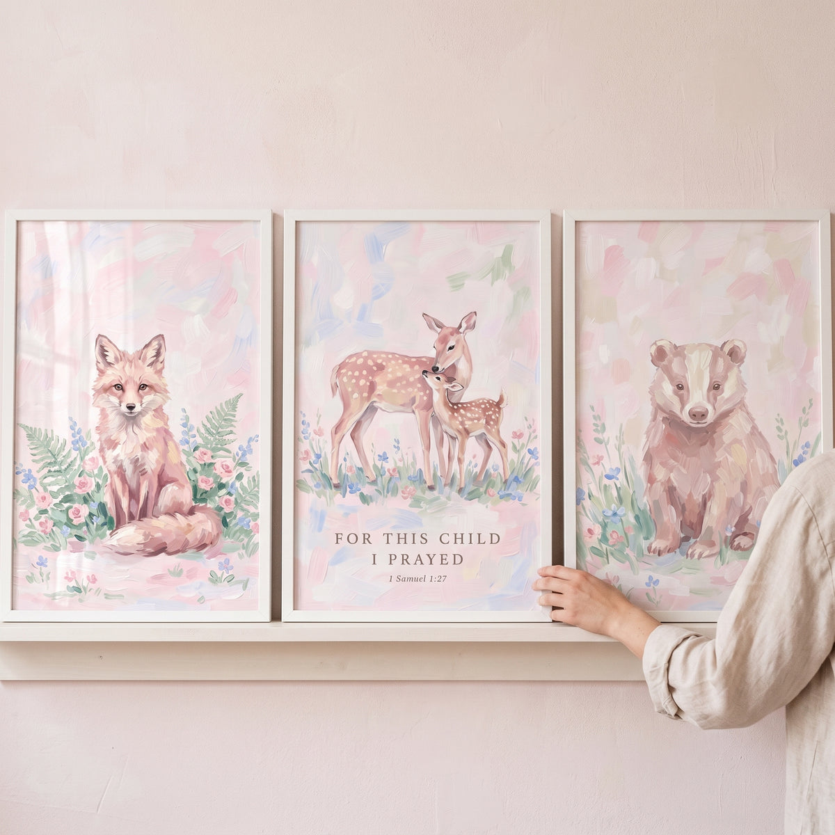 Blush Watercolor Meadow Animals Wall Art Set of 3 - Gentle Forest Faith