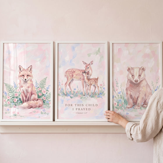Blush watercolor meadow animals wall art set of 3 features a fox, deer, and bear with text for this child I prayed.