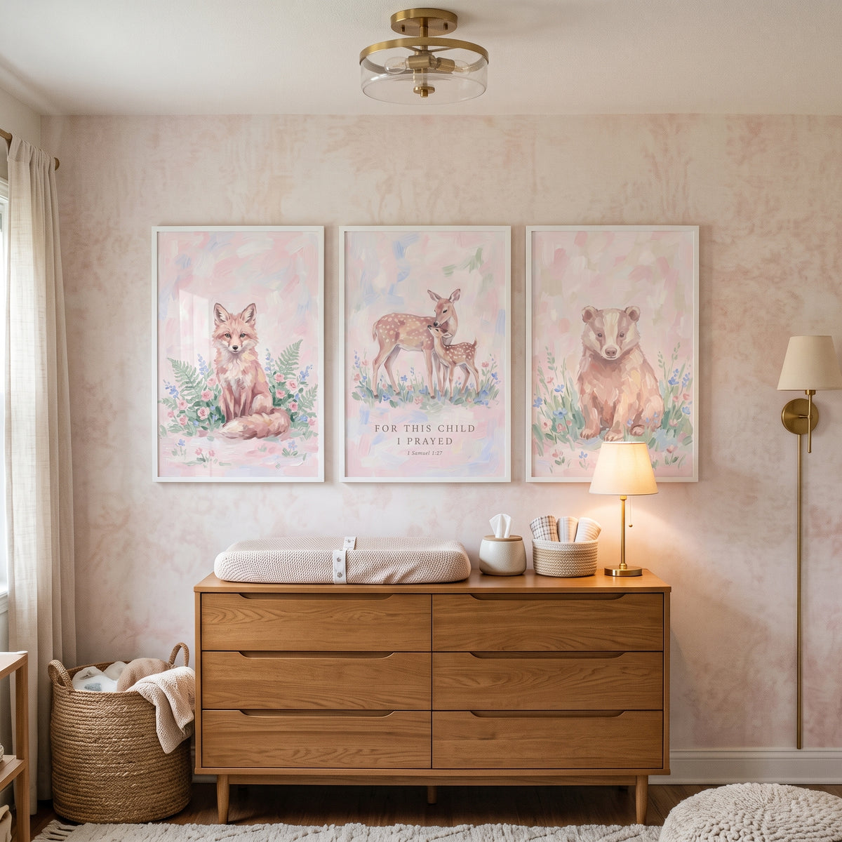 Blush Watercolor Meadow Animals Wall Art Set of 3 - Gentle Forest Faith