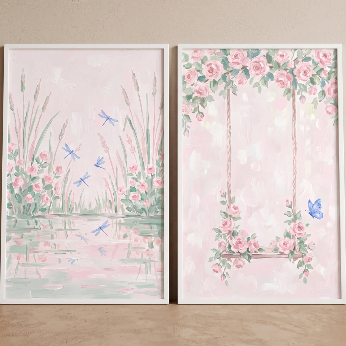 Blush Watercolor Pink Garden Artwork Set of 2 - Pastel Garden Dreams