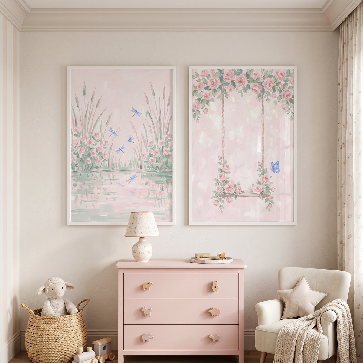 Blush Watercolor Pink Garden Artwork Set of 2 - Pastel Garden Dreams