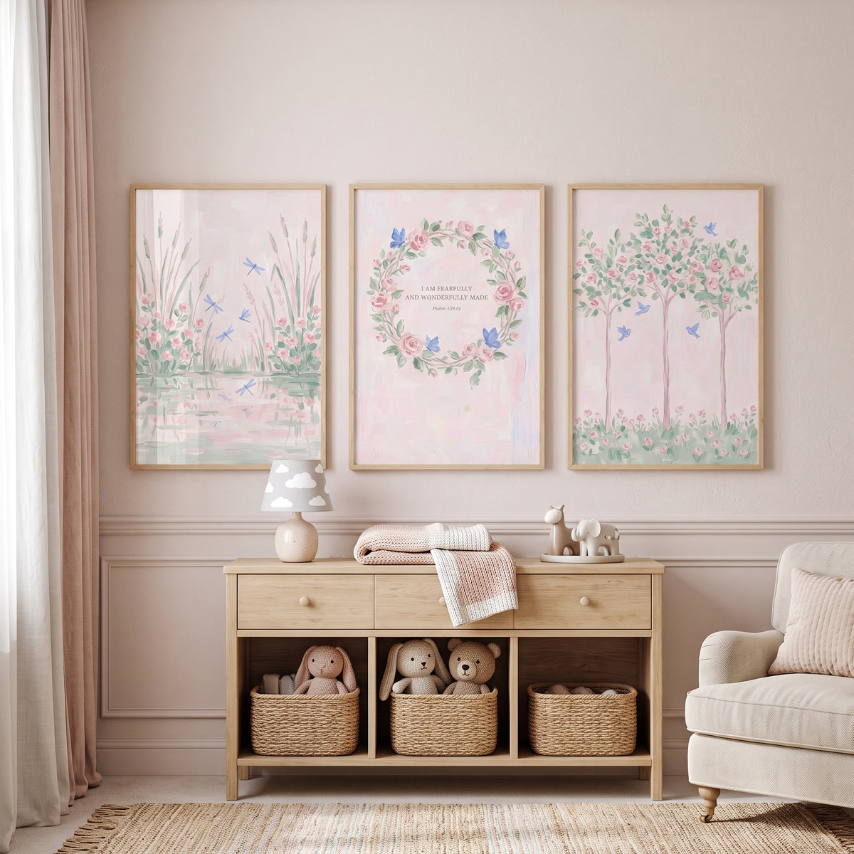 Blush Watercolor Rose Garden Wall Art Set of 3 - Serene Garden Verse
