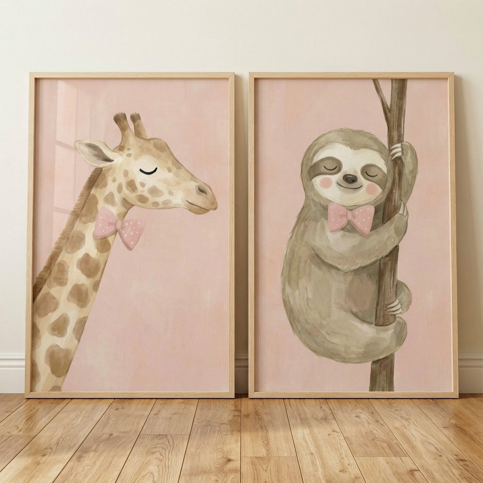 Two rectangular wooden frames lean against a light-colored wall on a polished wooden floor. Inside the left frame is an illustration of a giraffe's head and long, spotted neck against a soft pink background. The giraffe is shown in profile, facing right, with its eyes closed and a small pink bow tie at its neck. 
