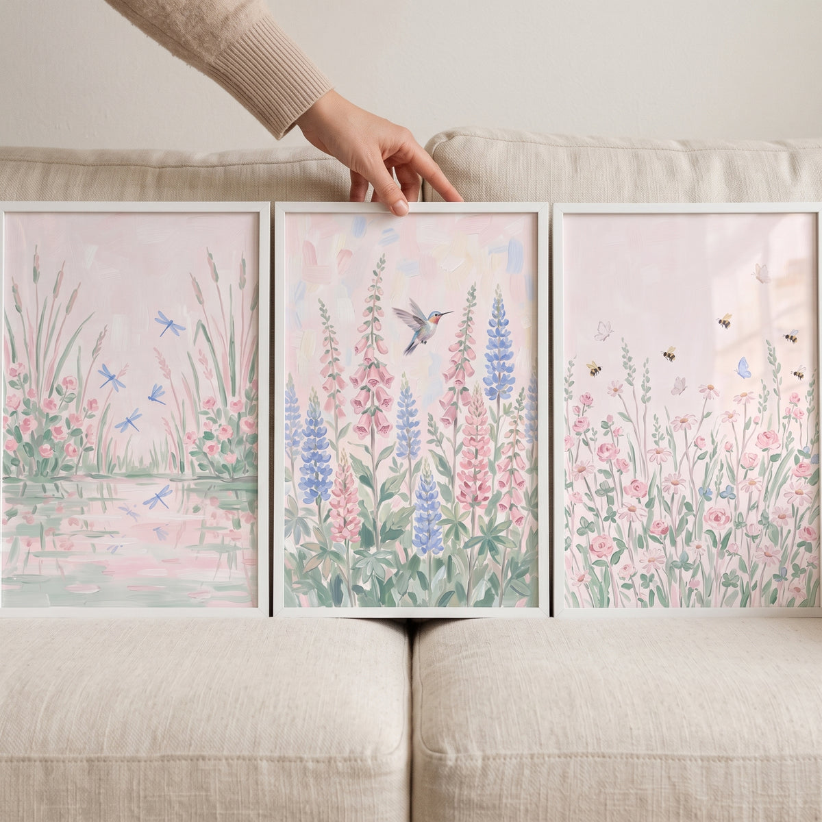 Blush Watercolor Wildflower Garden Wall Art Set of 3 - Pastel Meadow Magic