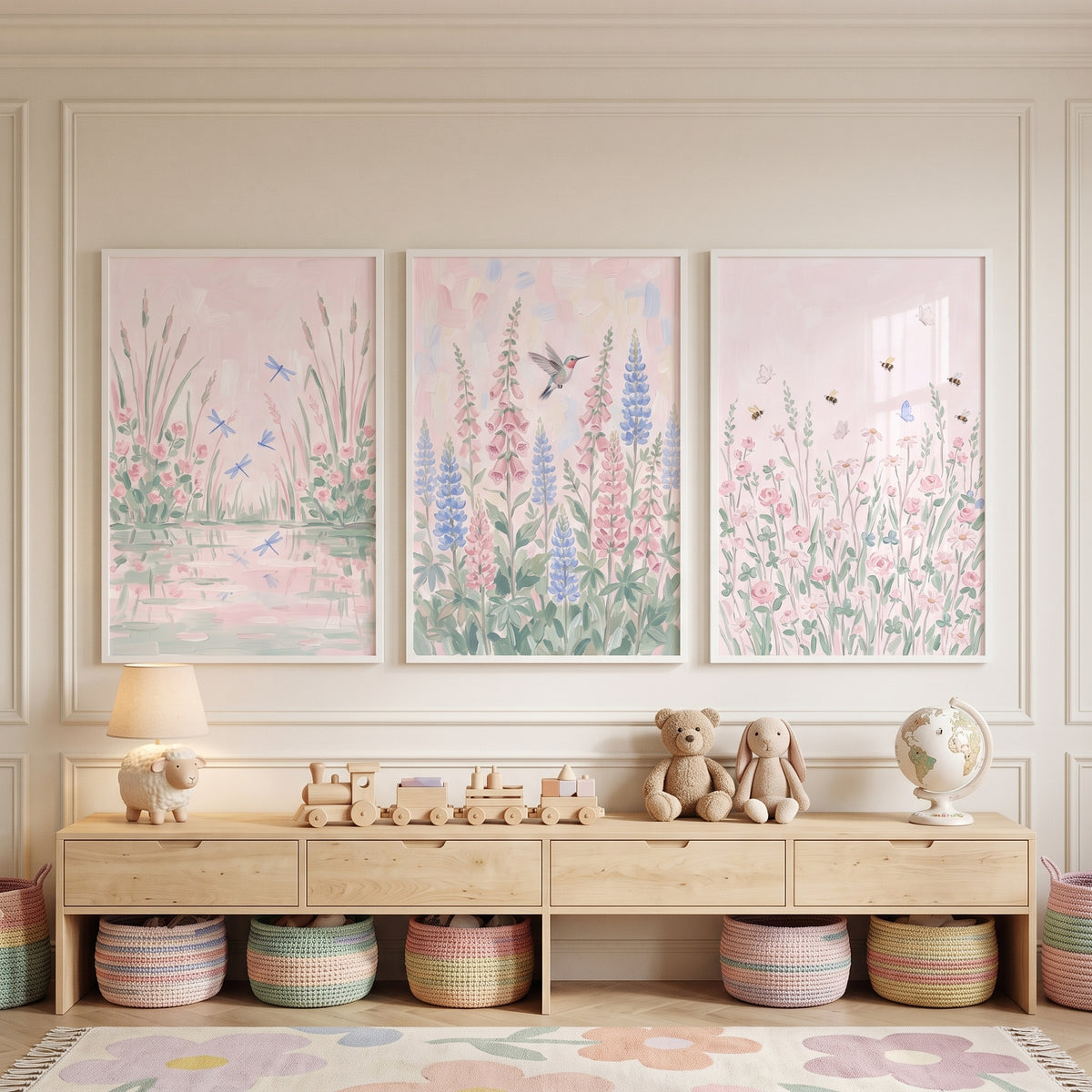 Blush Watercolor Wildflower Garden Wall Art Set of 3 - Pastel Meadow Magic