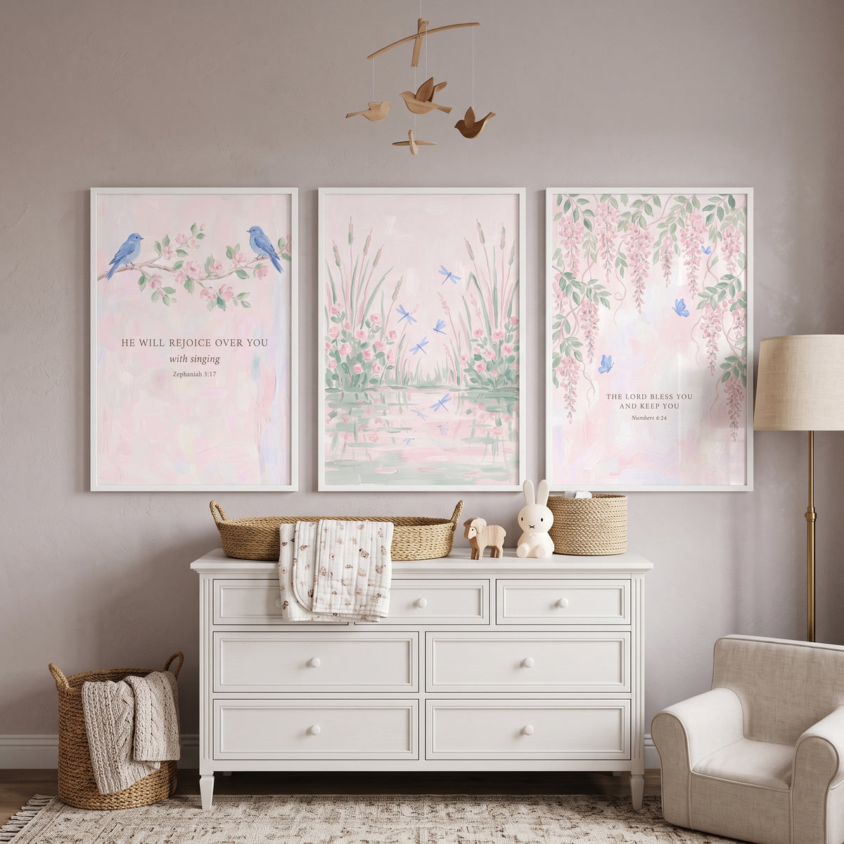 Blush Watercolor Winged Creature Wall Art Set of 3 - Divine Nature Verses