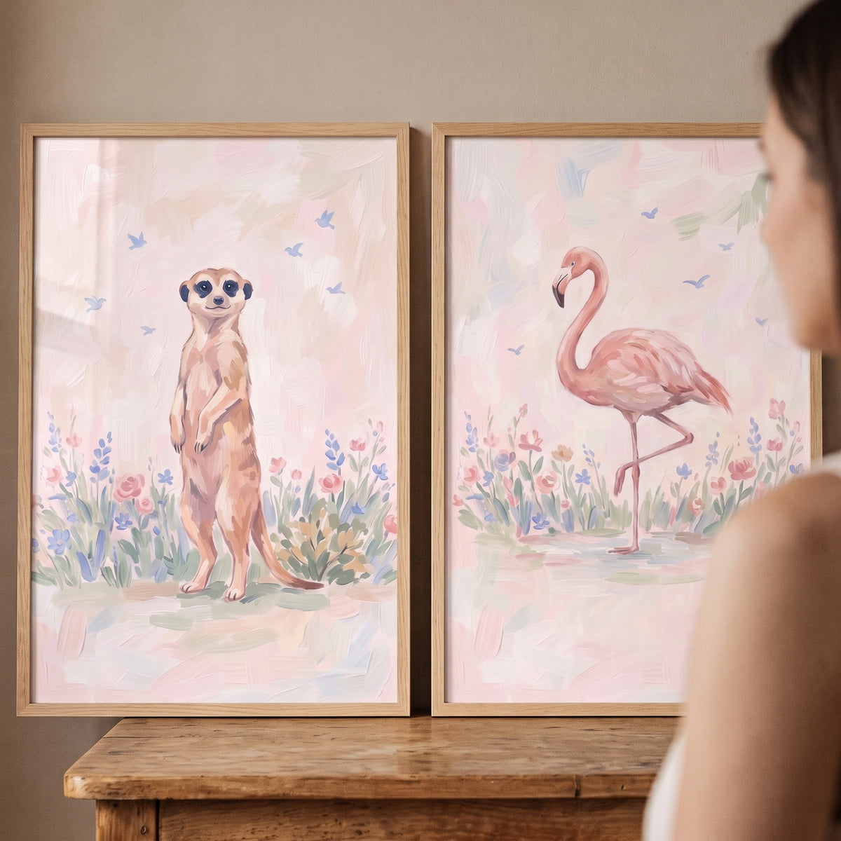 Blush Wildflower Safari Animals Wall Art Set of 2 - Pastel Garden Friends