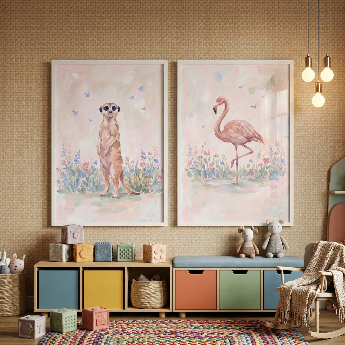 Blush Wildflower Safari Animals Wall Art Set of 2 - Pastel Garden Friends