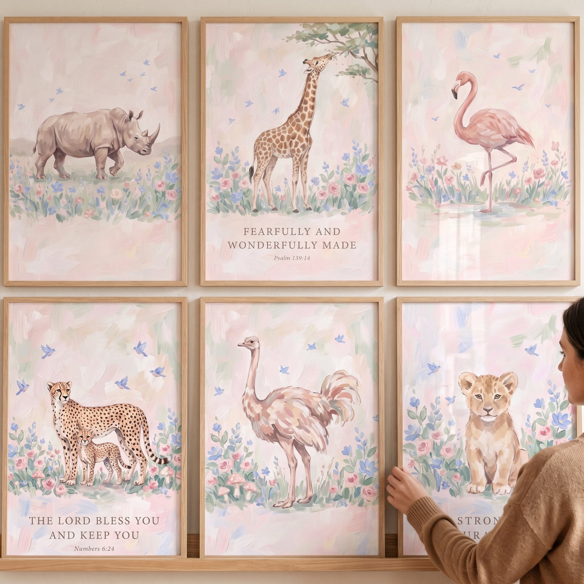 Blush wildflower savanna animals wall art set of 6 with rhino, giraffe, flamingo, cheetahs, ostrich, and lion with verses.