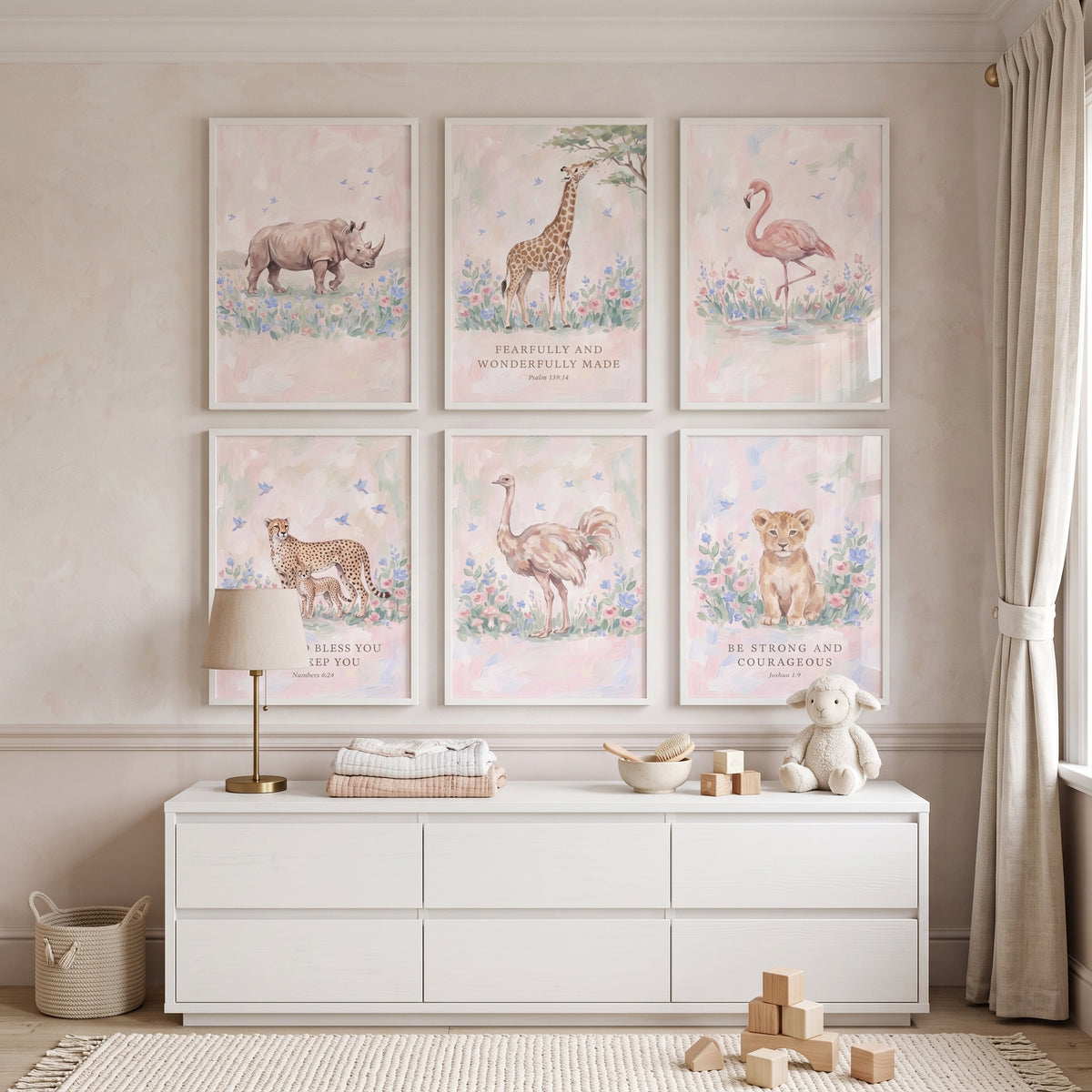 Blush Wildflower Savanna Animals Wall Art Set of 6 - Scripture Safari Nursery
