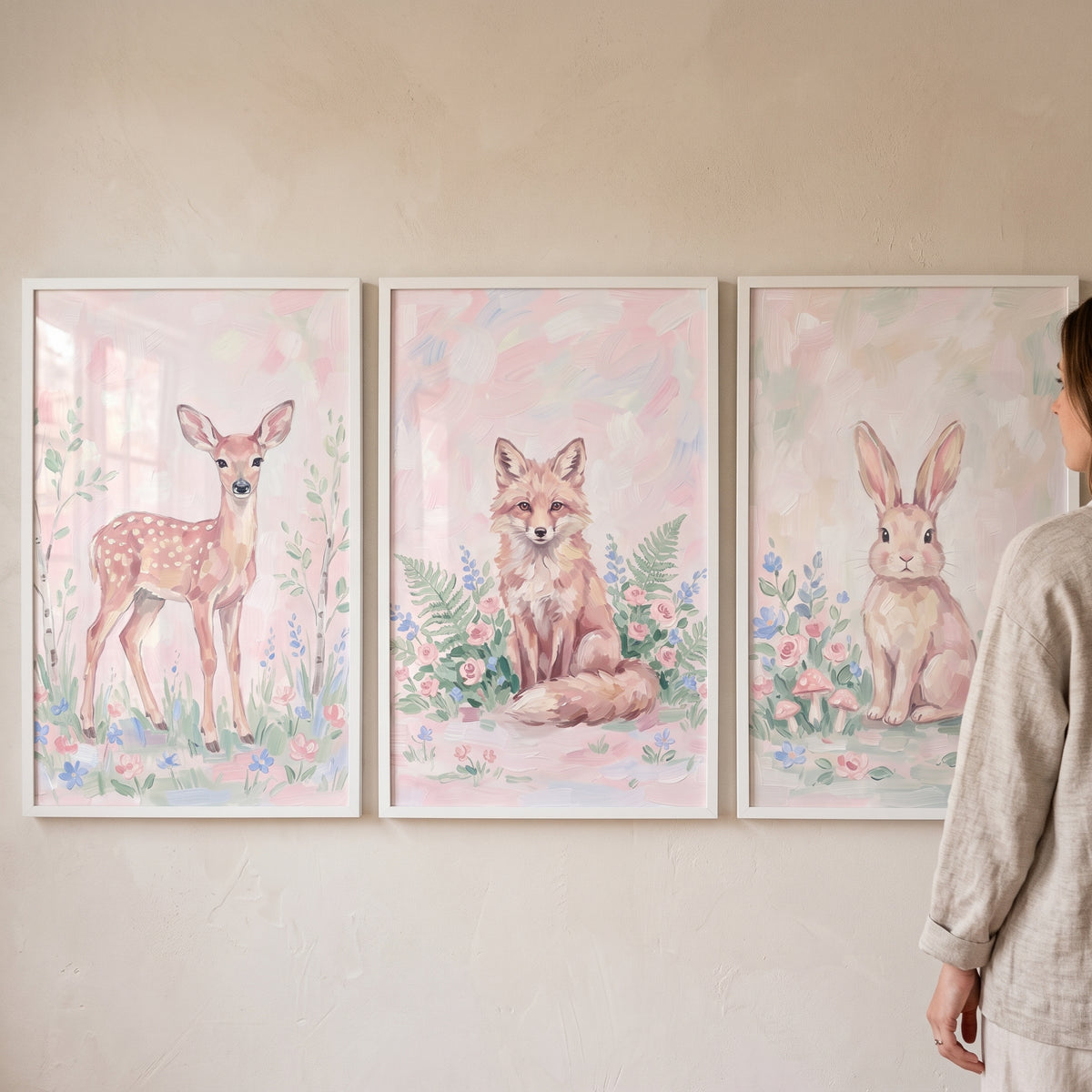 Blush wildflower woodland animals wall art set of 3 features a deer, fox, and rabbit in soft pastel colors.