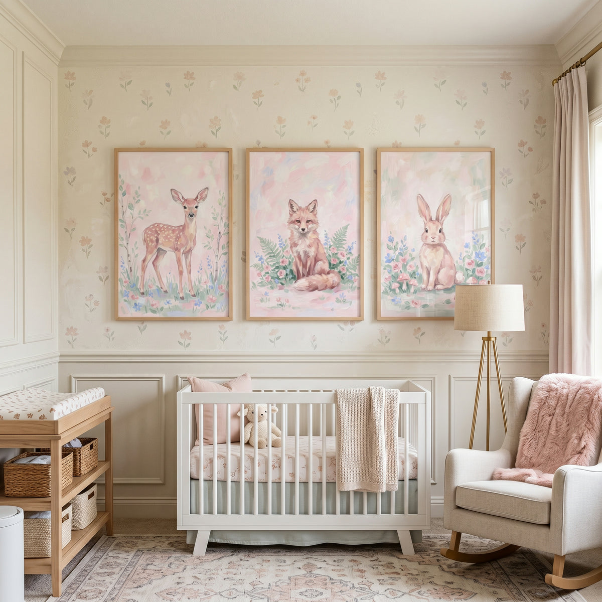 Blush Wildflower Woodland Animals Wall Art Set of 3 - Soft Forest Trio