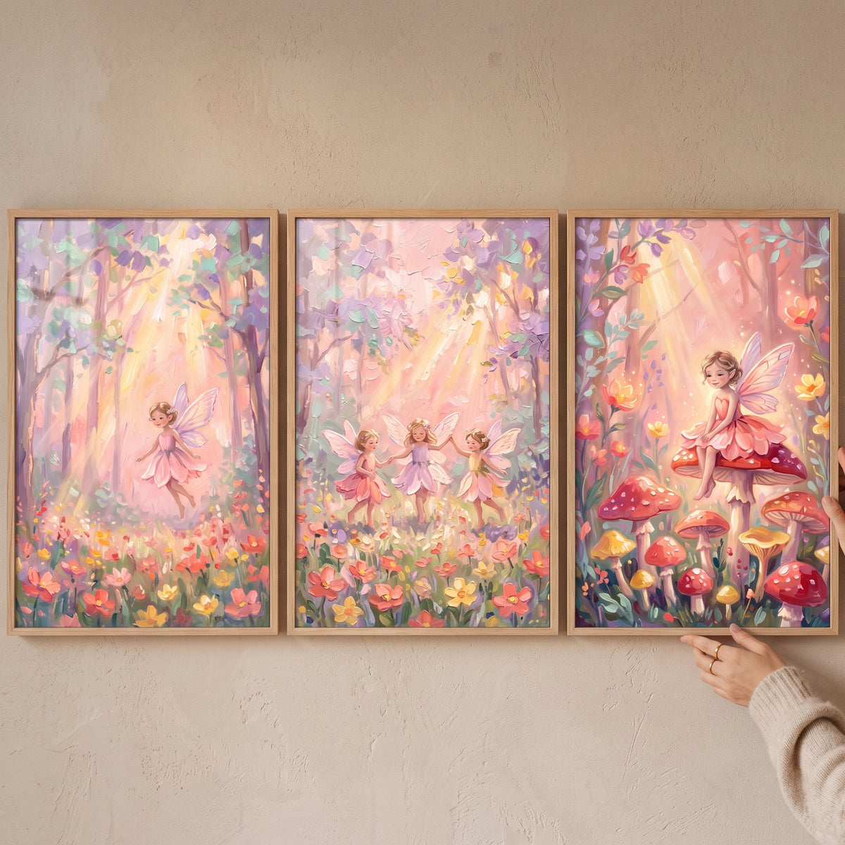 Blush Wildflower Woodland Fairy Wall Art Set of 3 - Whimsical Garden Sprites