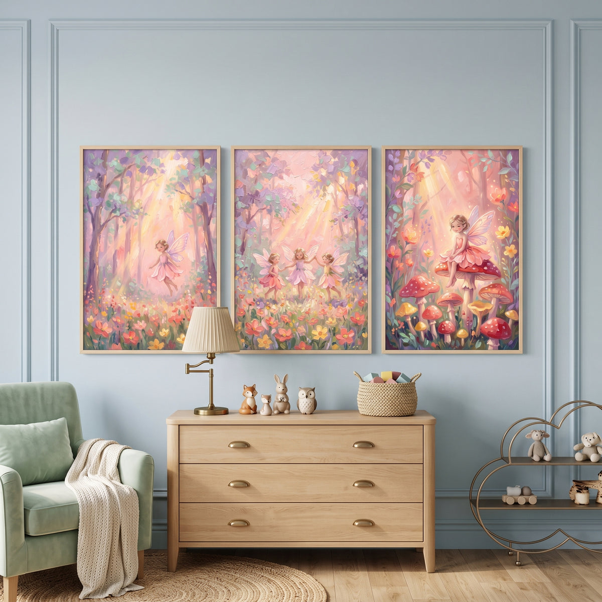 Blush Wildflower Woodland Fairy Wall Art Set of 3 - Whimsical Garden Sprites