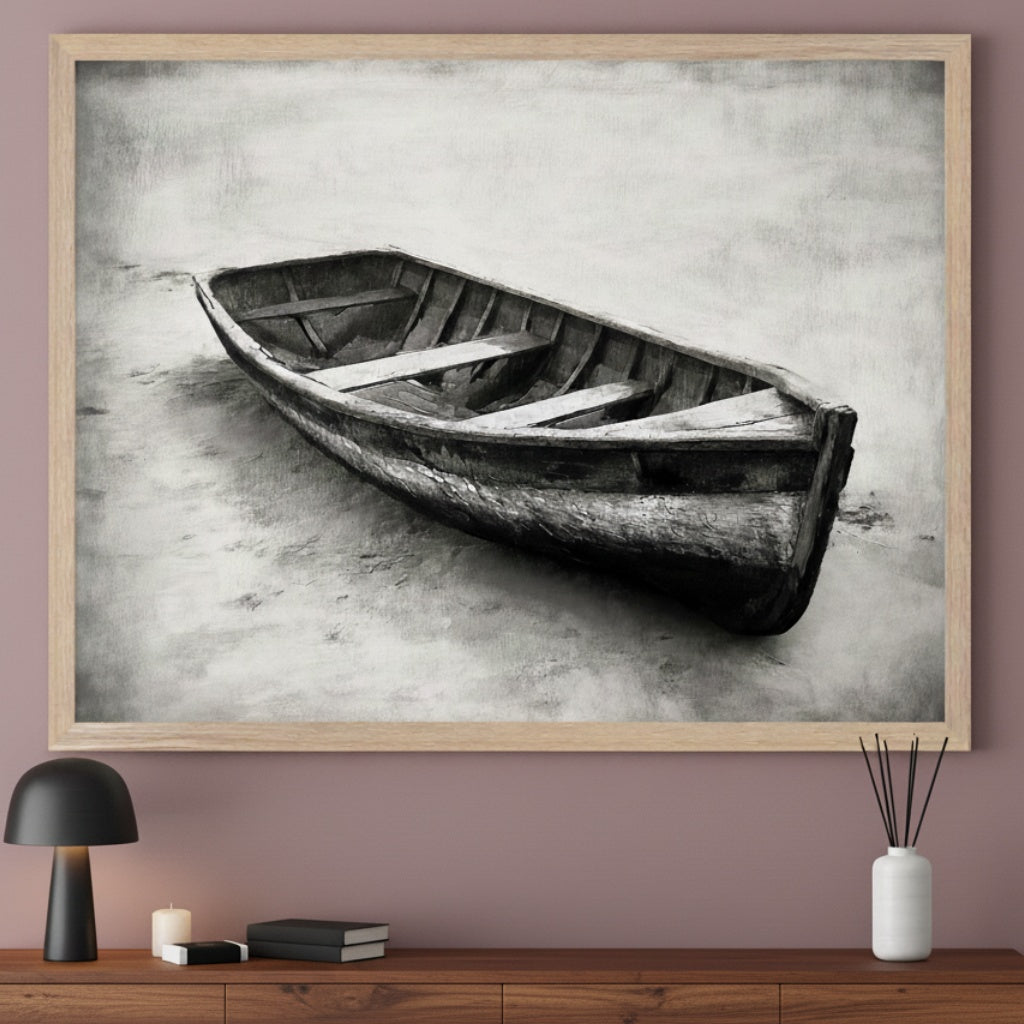 Modern living space with a wooden dresser against a dusty rose wall. A large light-wood framed black and white drawing of an old wooden boat on a shore hangs centered above the dresser. A black lamp, candles, books, and a diffuser are on the dresser.