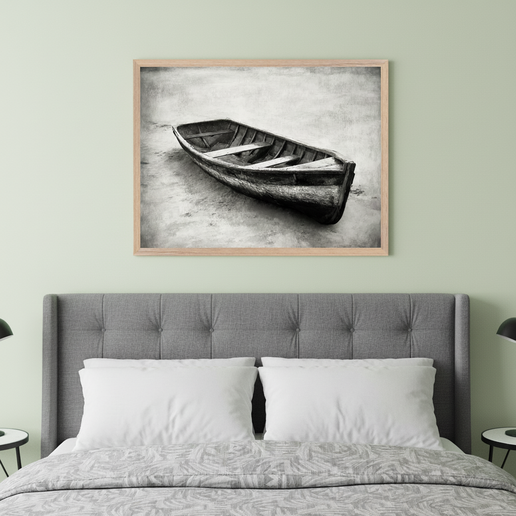 Modern bedroom with a grey upholstered bed and white pillows. A large light wood framed black and white print of an old wooden rowboat on a shore hangs centered above the headboard.