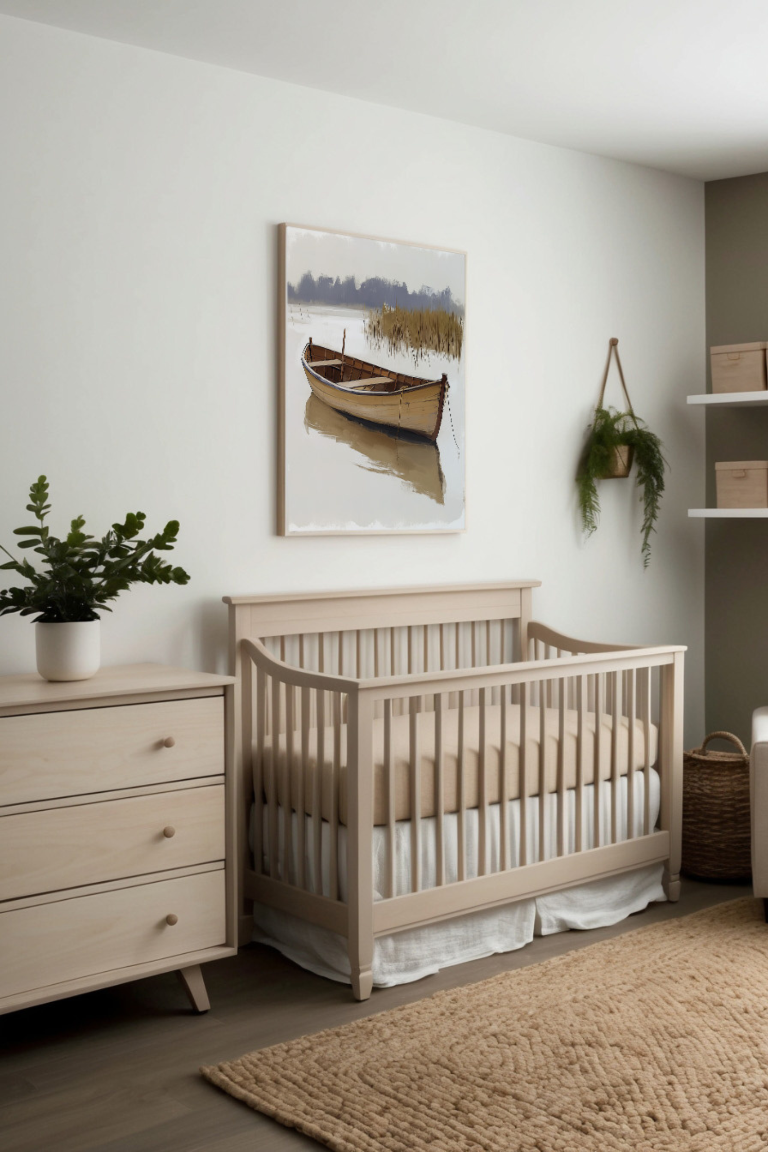 Neutral nursery with a minimalist wooden crib and dresser, accented by a serene artwork of a rustic boat on calm water, creating a peaceful and nature-inspired space.