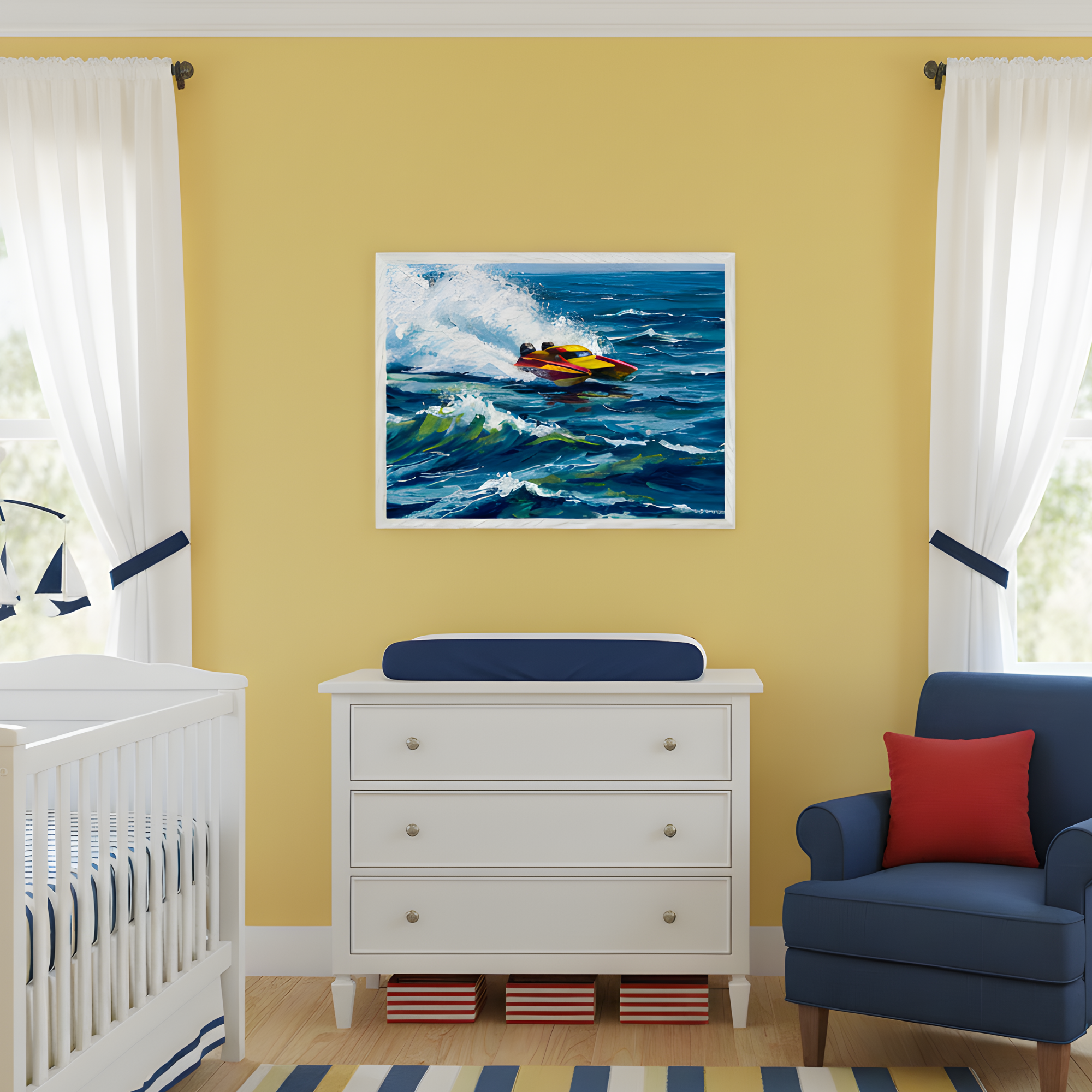 Bright nursery features yellow walls and a nautical theme, with a framed painting of a red and yellow speedboat cutting through ocean waves above a white dresser. A navy armchair with a red pillow, a striped rug in blue and yellow tones, and a crib with matching bedding complete the cheerful coastal-inspired room.