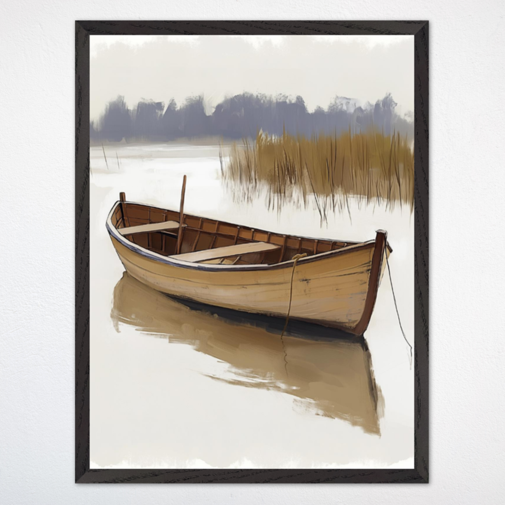 Framed digital artwork depicting a rustic wooden rowboat anchored near marshy reeds in calm, reflective water. The muted tones and soft brush strokes create a tranquil, nostalgic scene ideal for evoking quiet contemplation.