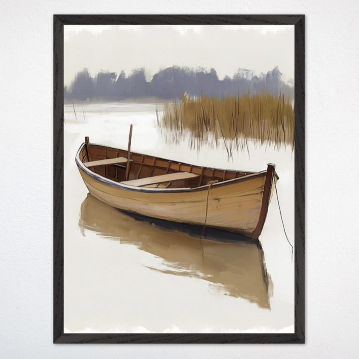Framed digital artwork depicting a rustic wooden rowboat anchored near marshy reeds in calm, reflective water. The muted tones and soft brush strokes create a tranquil, nostalgic scene ideal for evoking quiet contemplation.
