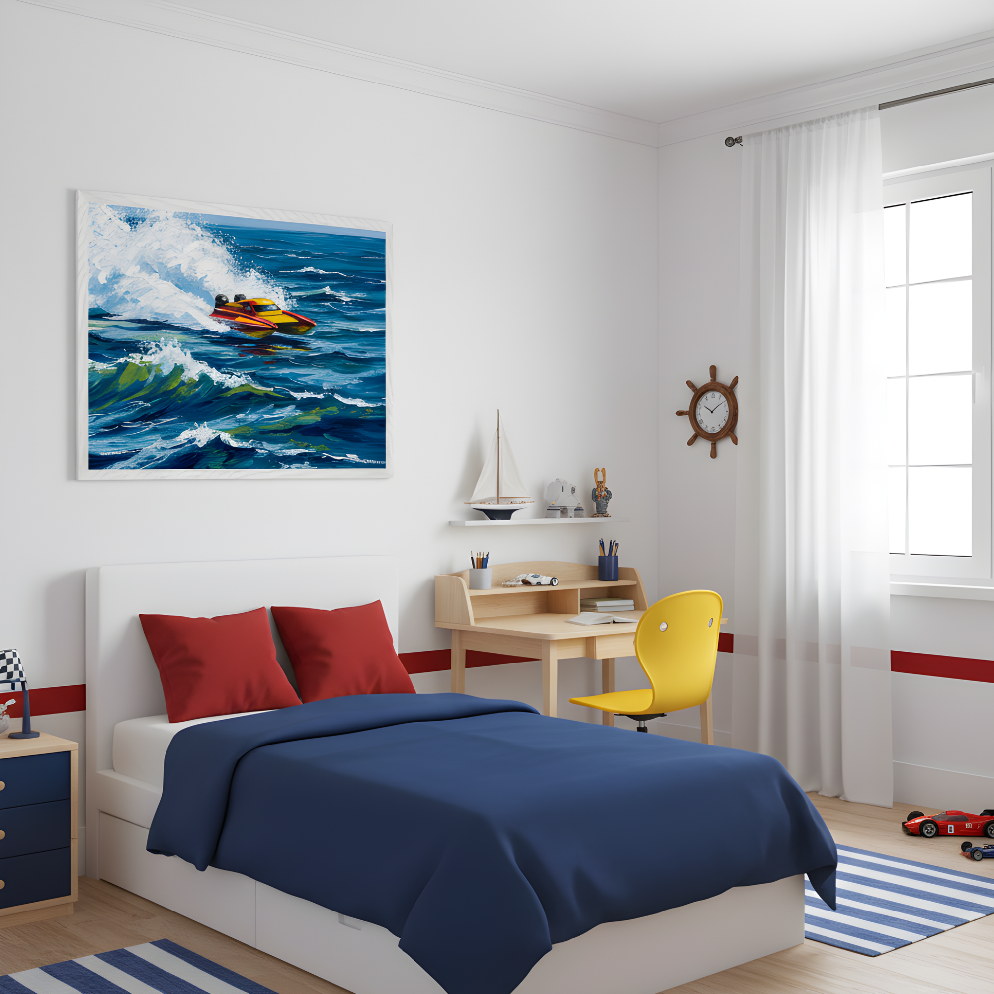 A nautical-themed kids’ bedroom with white walls and red accents features a framed painting of a yellow and red speedboat racing through blue ocean waves above the bed. The room includes a blue bedspread with red pillows, a wooden desk with a yellow chair, toy sailboat decor, and striped blue-and-white rugs, creating a bright and playful seaside vibe.