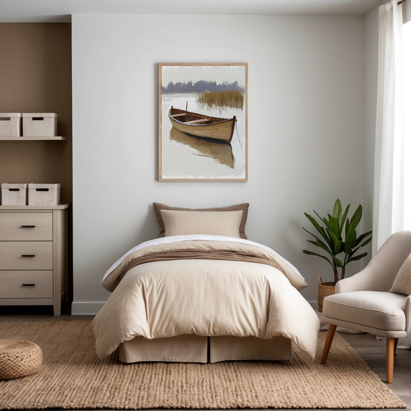 Minimalist bedroom with calming neutral tones, including beige bedding and natural wooden furniture. A serene painting of a rustic wooden boat floating quietly on calm water hangs prominently above the bed, enhancing the room's tranquil ambiance.