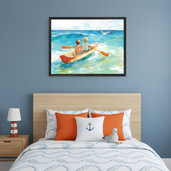 Kid's nautical bedroom with a wooden headboard bed and nightstand. A framed watercolor painting of two boys in a red canoe on wavy blue water with a flying seagull hangs centered above the bed.