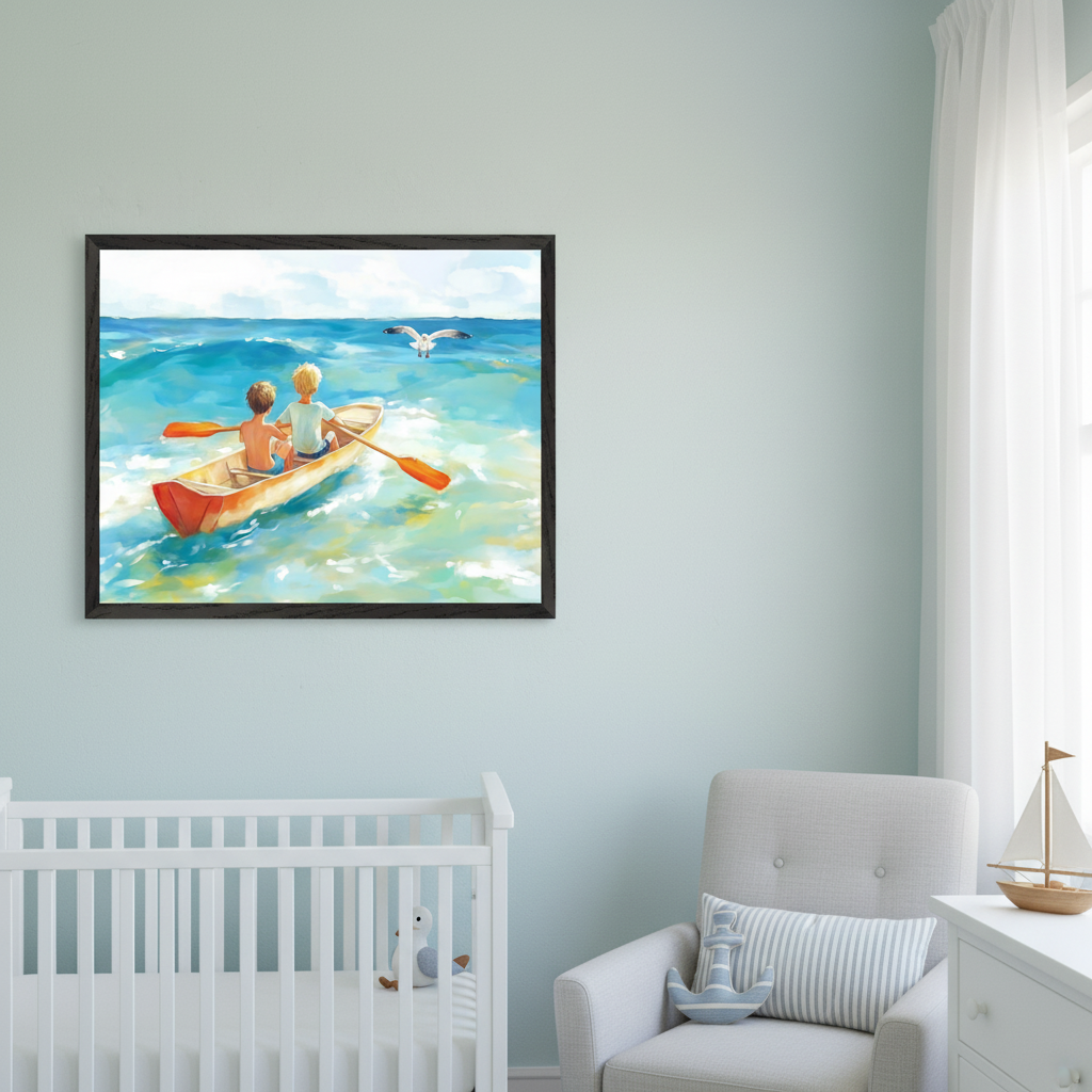 Modern nursery with a white crib, gray glider armchair, and a white dresser. A large framed impressionistic painting of two boys in a canoe on blue water with a seagull overhead hangs on the light blue wall above the crib.