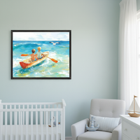 Modern nursery with a white crib, gray glider armchair, and a white dresser. A large framed impressionistic painting of two boys in a canoe on blue water with a seagull overhead hangs on the light blue wall above the crib.
