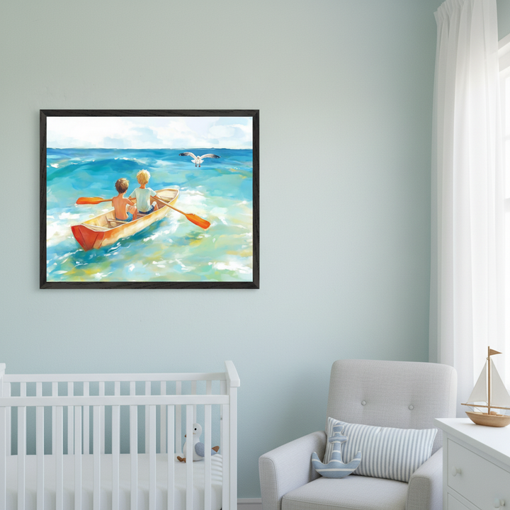 Modern nursery with a white crib, gray glider armchair, and a white dresser. A large framed impressionistic painting of two boys in a canoe on blue water with a seagull overhead hangs on the light blue wall above the crib.
