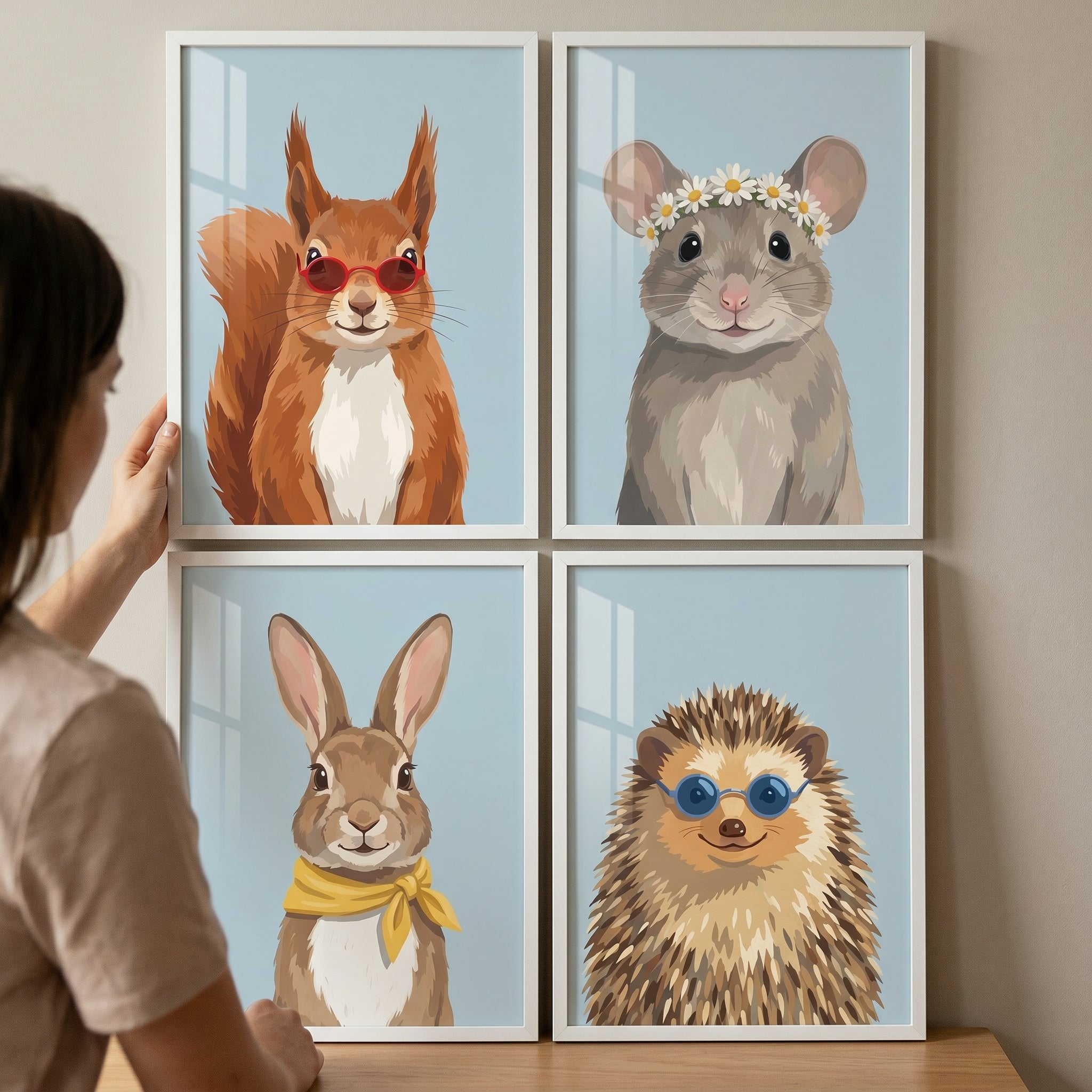Boho Accessorized Woodland Animal Wall Art Set of 4 - Whimsical Woodland Critters