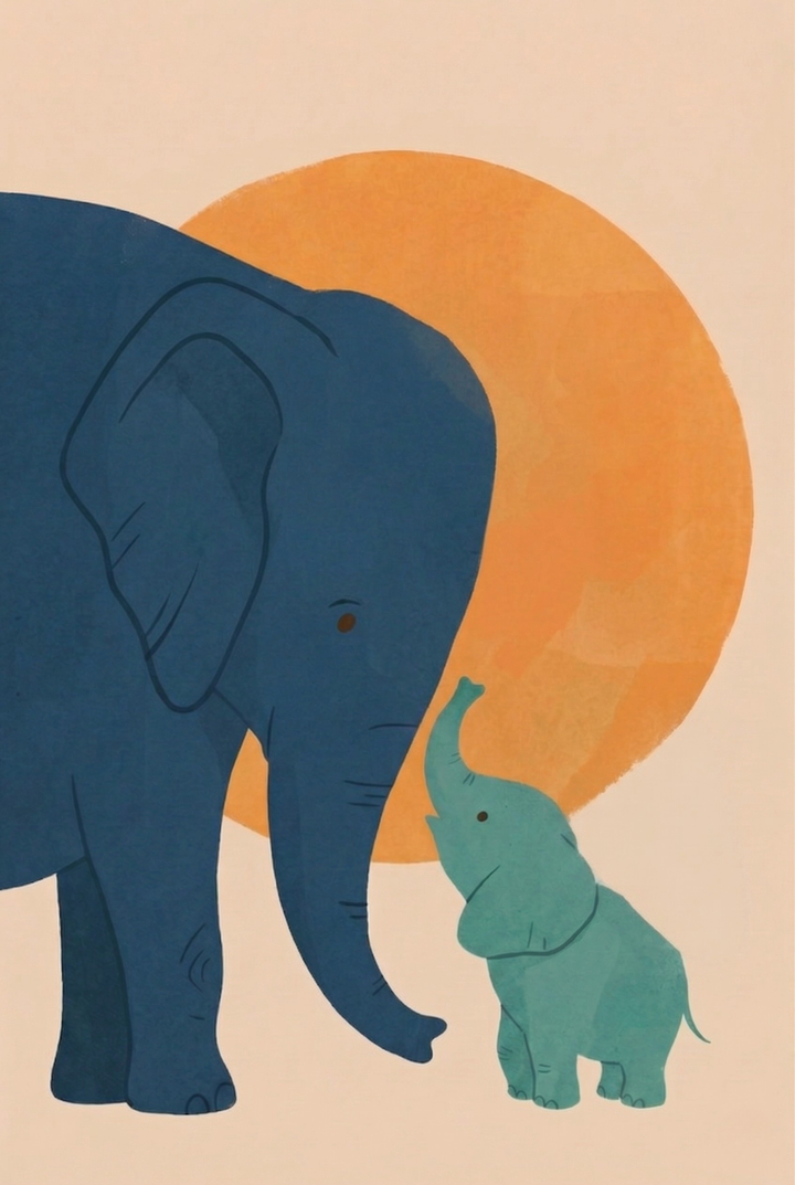 A minimalist flat illustration depicts a large, deep blue elephant standing next to a much smaller light green calf. Both animals are seen in profile, facing each other against a large, textured orange circular backdrop that resembles a sun. The adult elephant’s head is lowered toward the small calf, which has its trunk raised upward in a playful gesture. The entire scene is set against a solid, warm beige background, featuring simple lines and a soft, matte texture typical of modern nursery art.