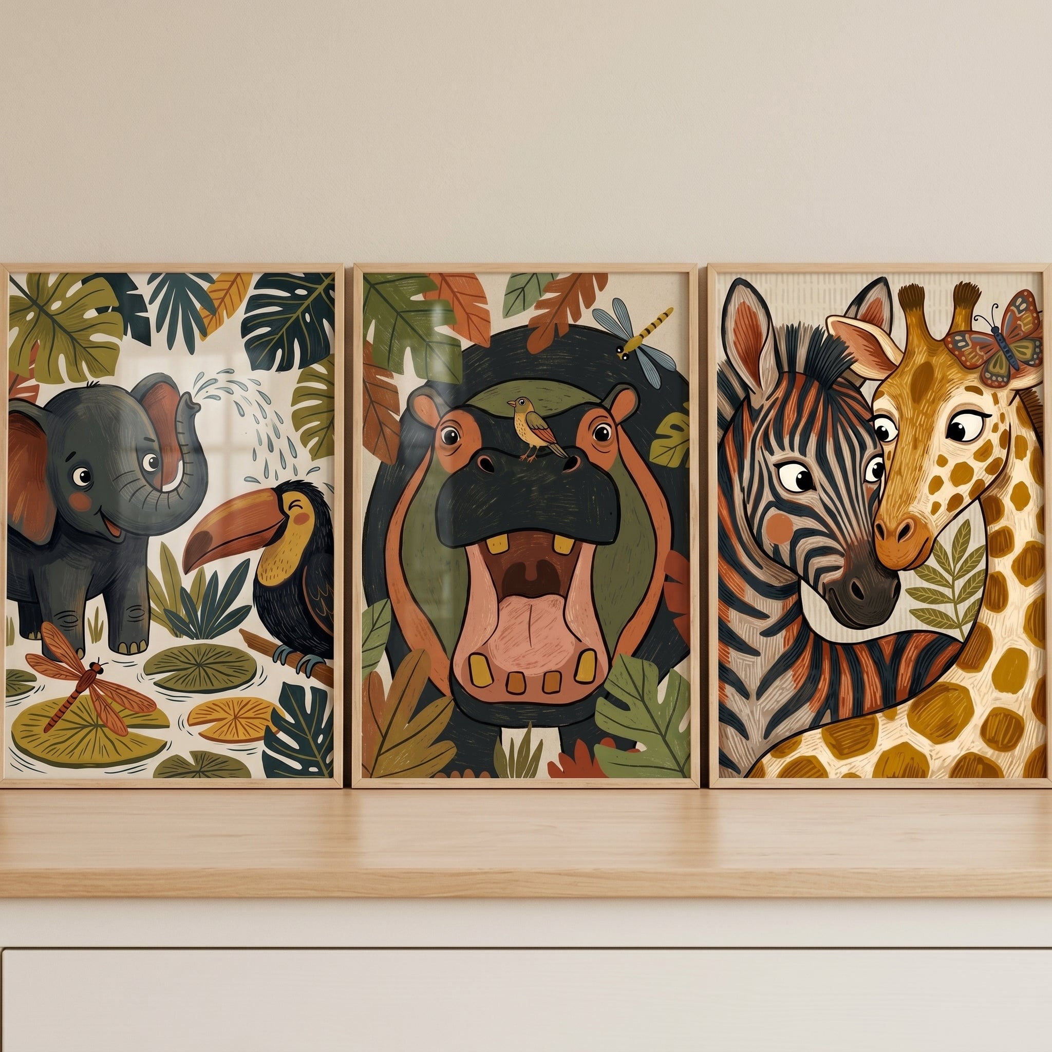 Boho Botanical Safari Animals Wall Art Set of 3 - Wild Jungle Friends