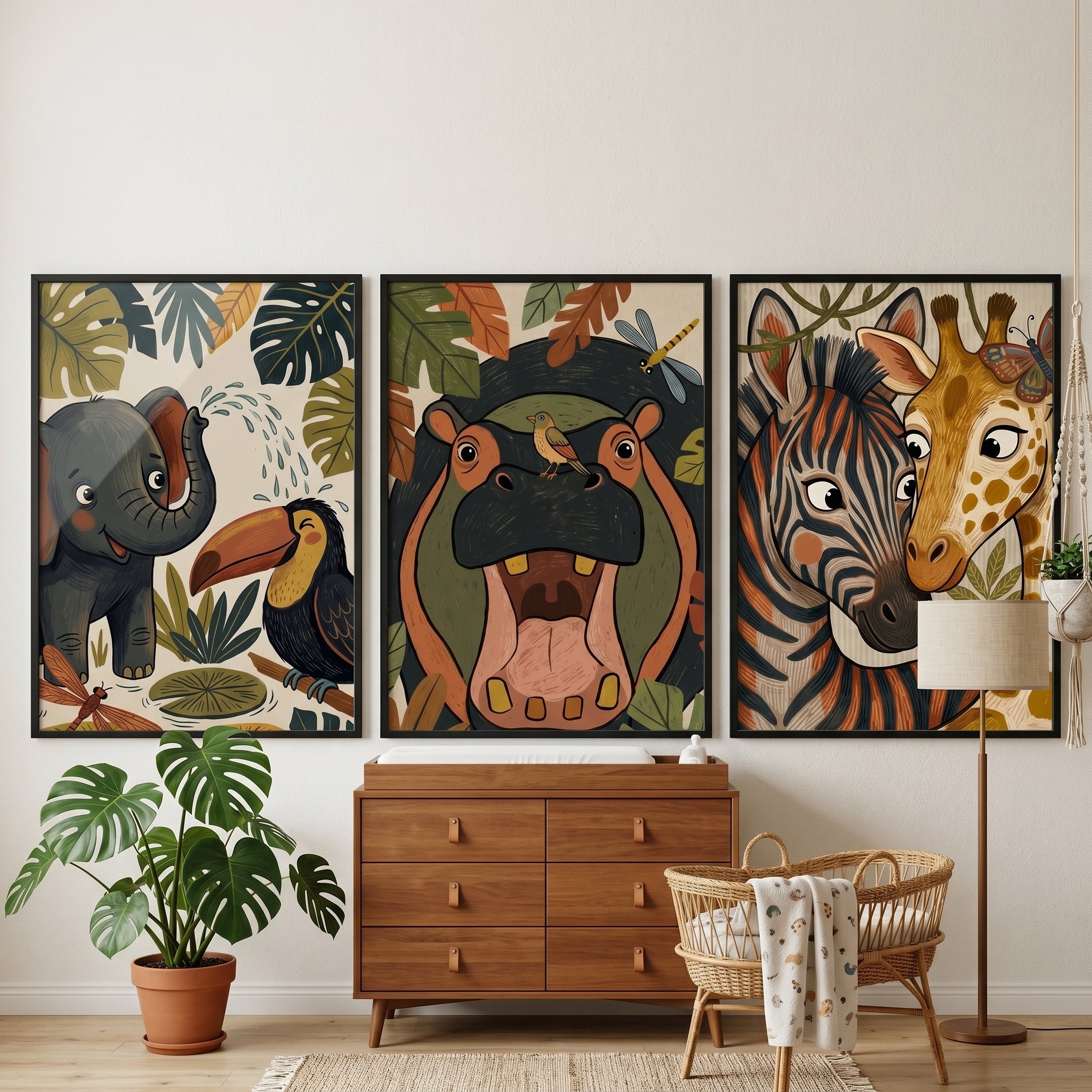 Boho Botanical Safari Animals Wall Art Set of 3 - Wild Jungle Friends