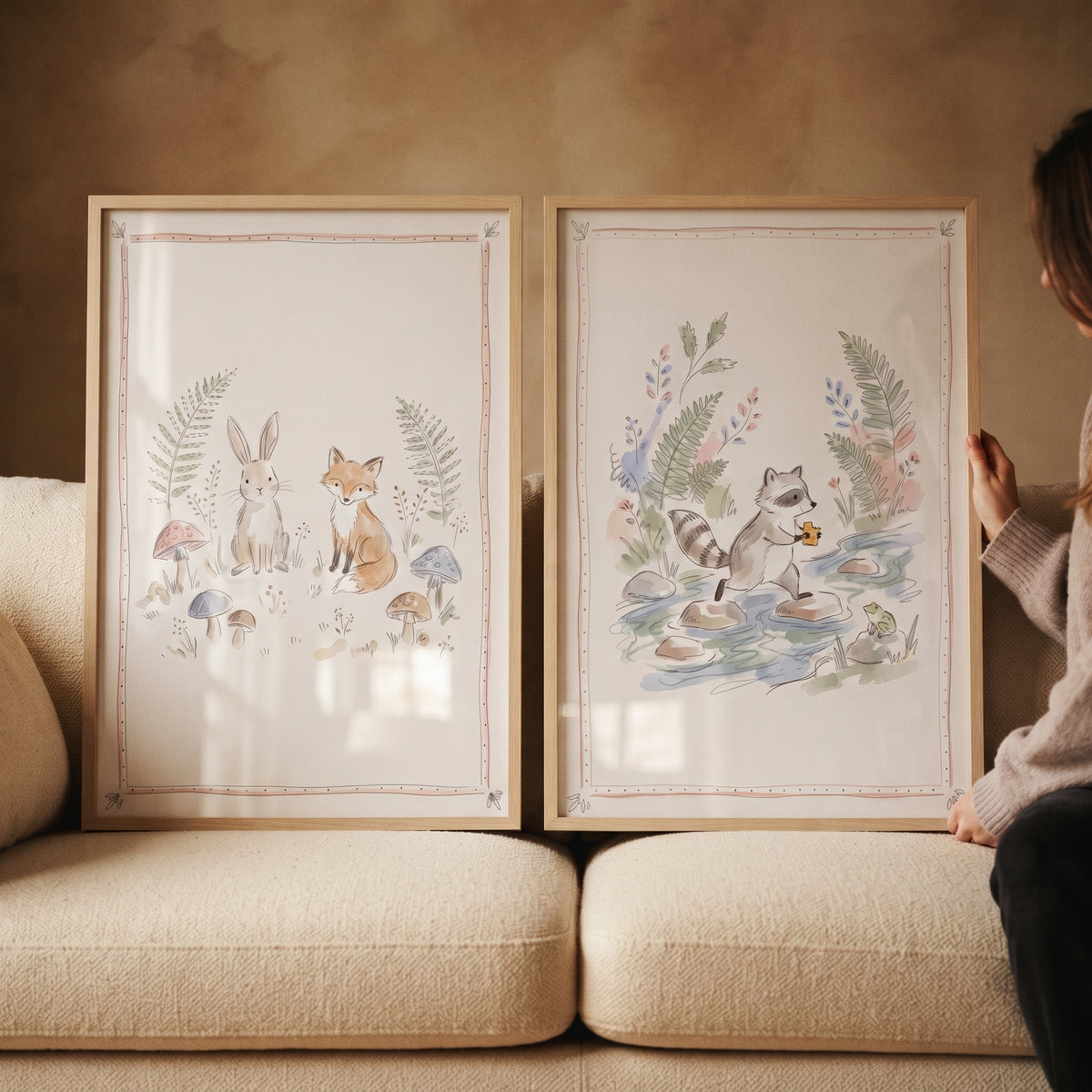 Boho botanical woodland animal wall art set of 2 featuring a rabbit, fox, and raccoon in whimsical forest scenes.