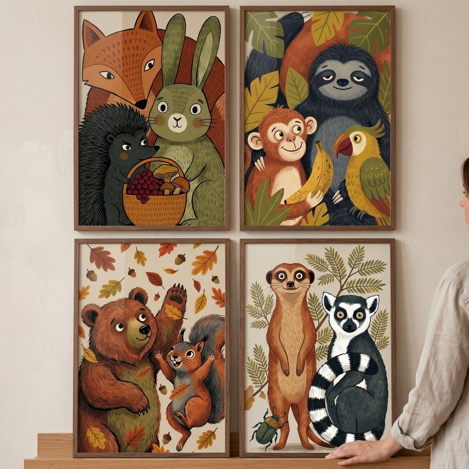 Boho earthy tone animal wall art set of 4 featuring illustrated forest and jungle animals in simple wood frames.