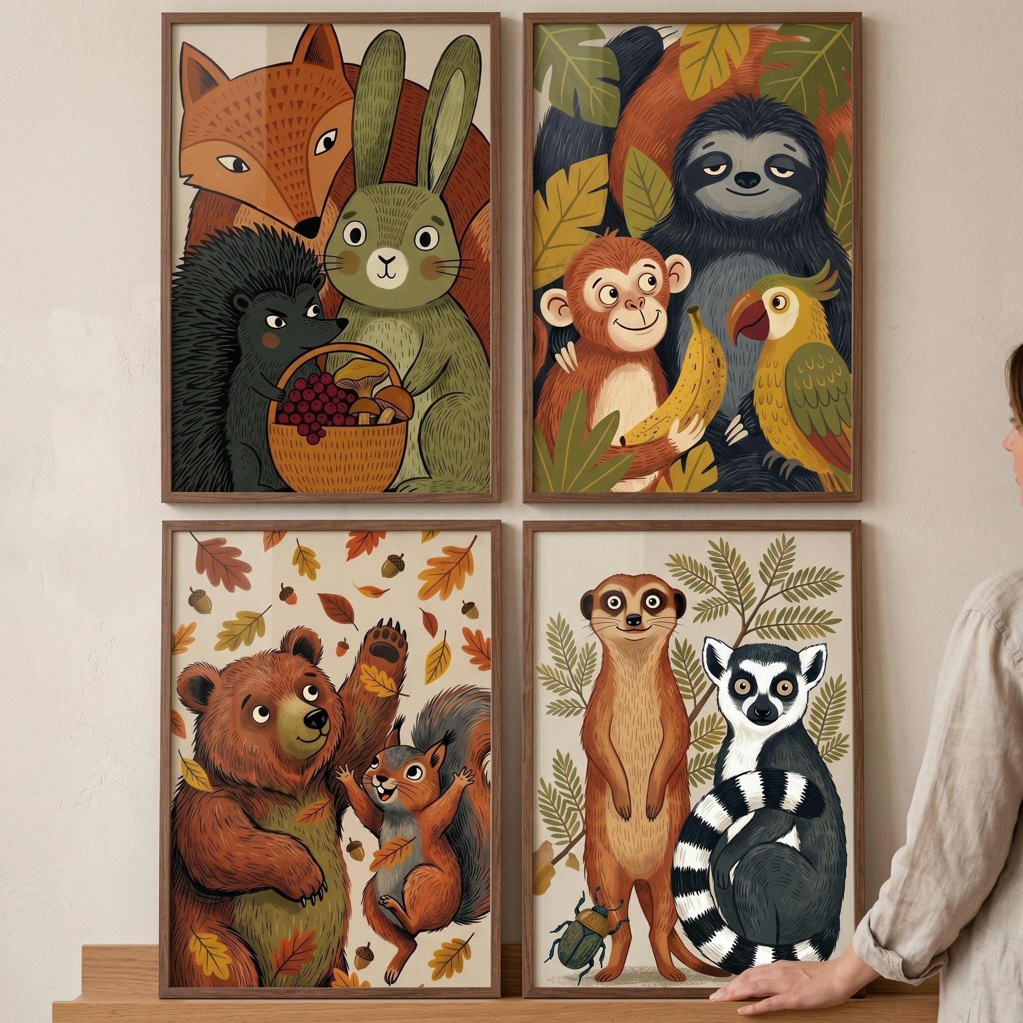 Boho Earthy Tone Animal Wall Art Set of 4 - Whimsical Forest Pals