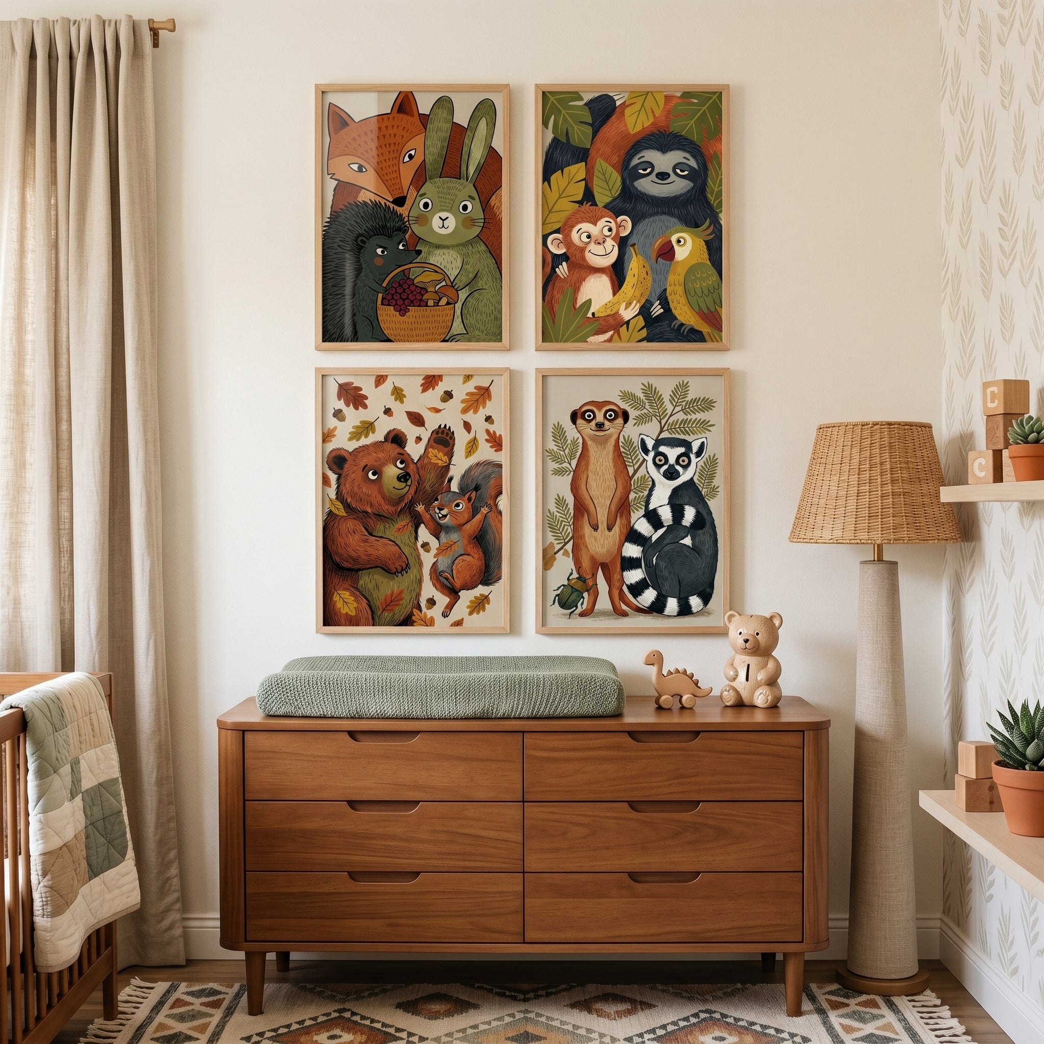 Boho Earthy Tone Animal Wall Art Set of 4 - Whimsical Forest Pals
