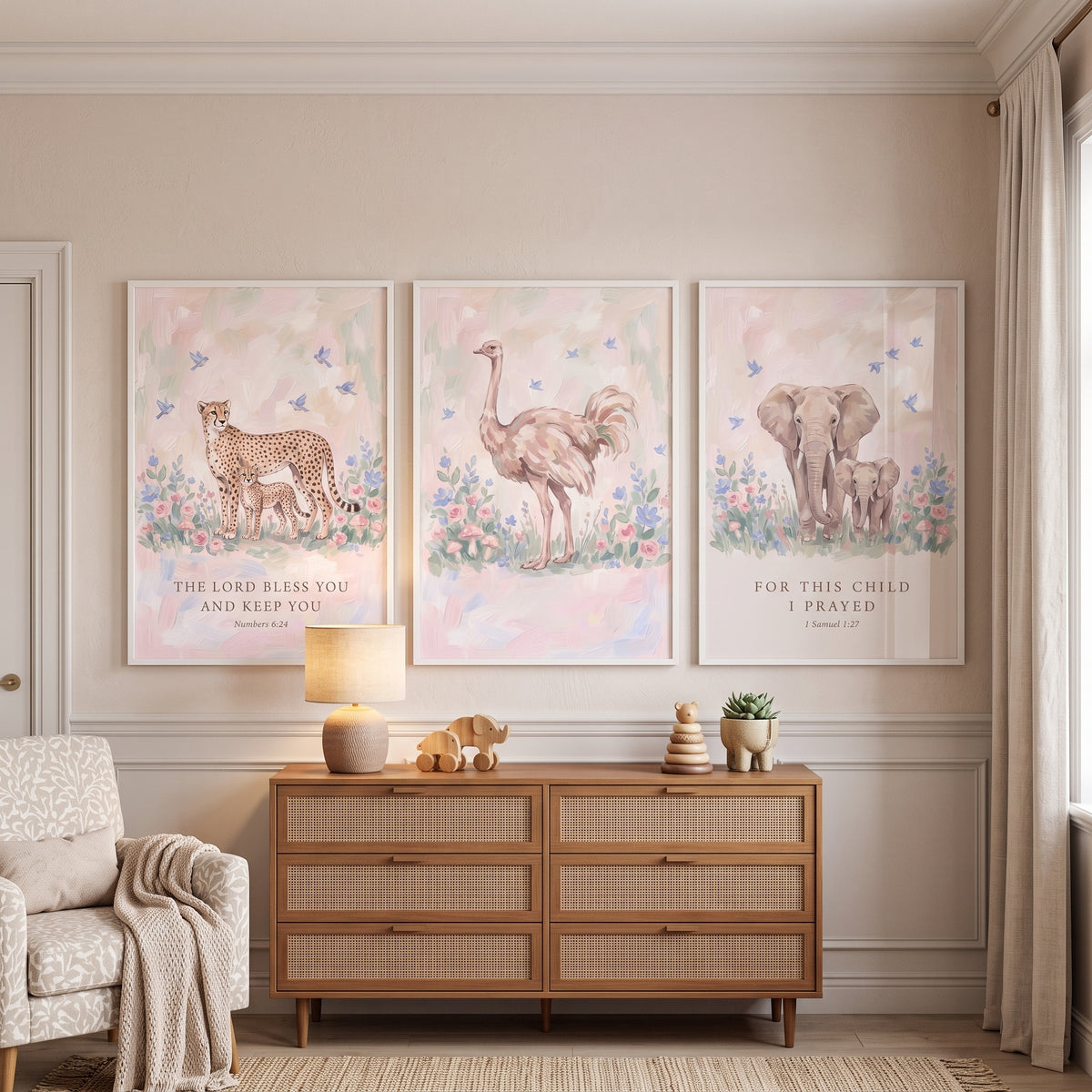 Boho Floral Savanna Animals Wall Art Set Of 3 - Sweet Safari Blessings