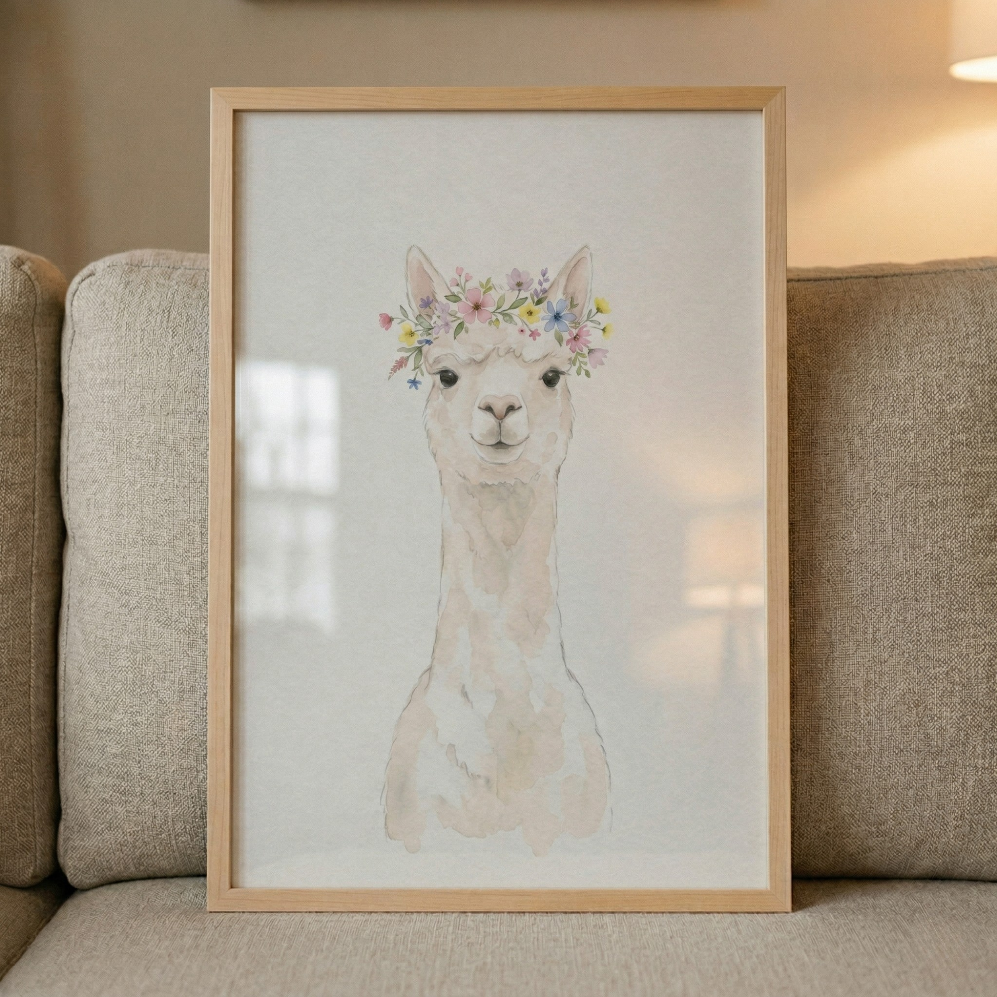 Boho Flower Crown Llama Wall Art - Floral Alpaca Portrait