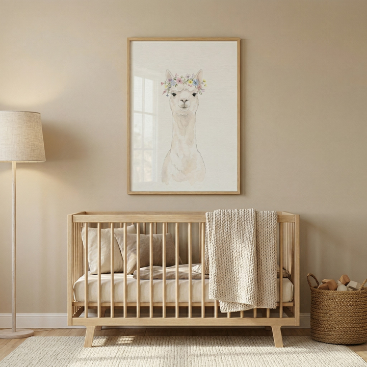 A minimalist nursery features a light-colored wooden crib against a neutral beige wall. Centered above the crib is a framed watercolor illustration of a llama adorned with a vibrant flower crown. A thick, textured cream-colored knitted blanket is draped over the crib's side. To the left, a simple floor lamp with a fabric shade stands tall, while a woven basket filled with wooden toys sits on the light-colored rug to the right.