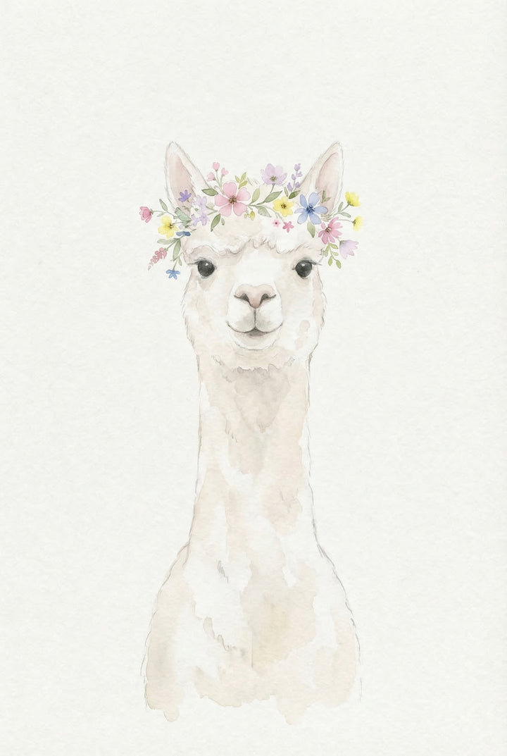 Soft watercolor portrait of a light colored alpaca facing forward wearing a delicate crown of pastel flowers on its head. The minimal background and gentle details create a sweet and whimsical character.
