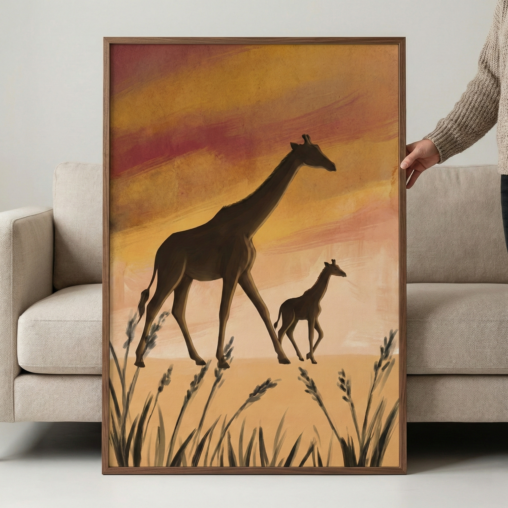 A large, vertically oriented framed artwork is held against a neutral-colored fabric sofa. The art depicts the silhouettes of an adult giraffe and a smaller calf walking across a field. The background features layered, horizontal brushstrokes in warm shades of yellow, orange, and deep red, suggesting a sunset sky. Tall stalks of dark grass are shown in the bottom foreground. The piece is enclosed in a simple wooden frame, and a person's hand is visible on the right side, holding it upright.