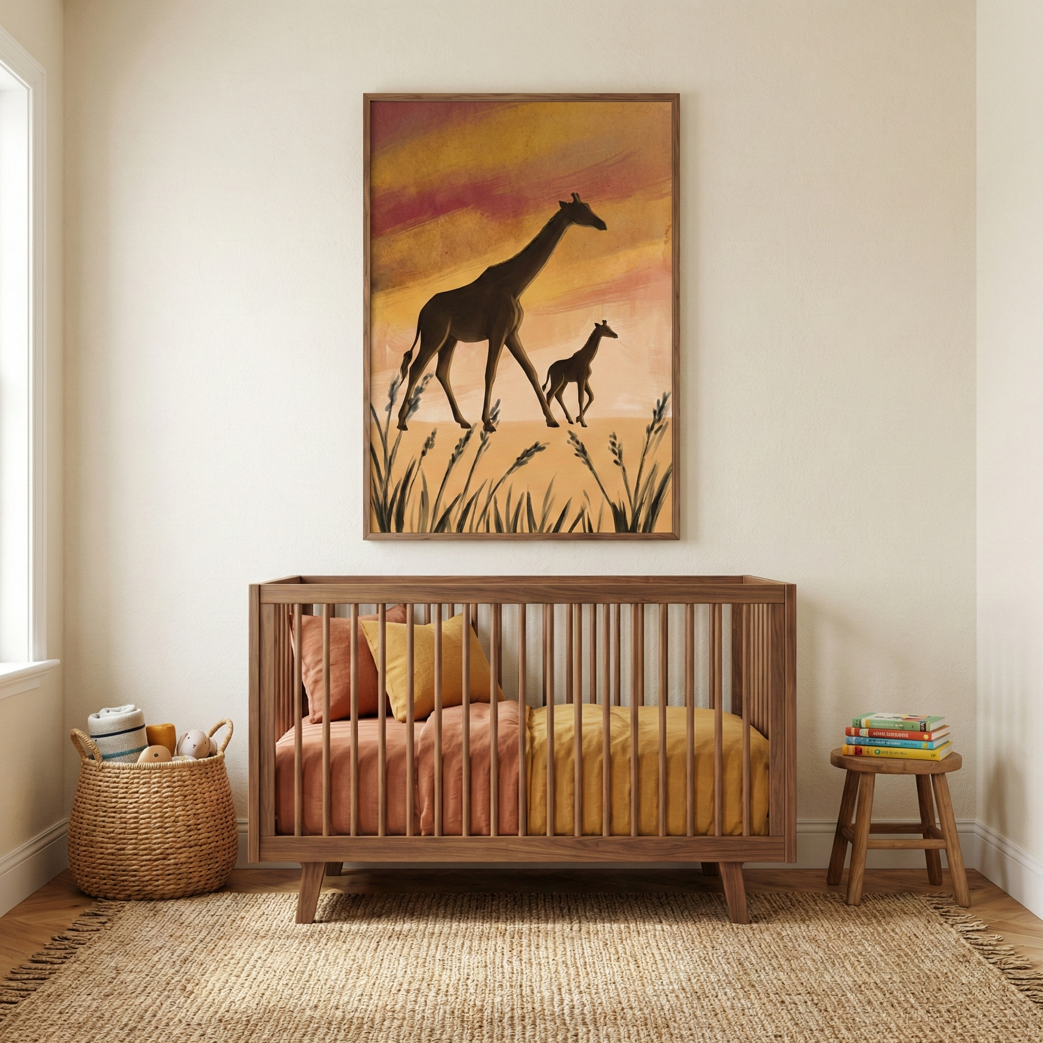 A serene nursery room features a warm and earthy color palette. In the center, a minimalist wooden crib is dressed in two-toned bedding of terracotta and mustard yellow, complemented by matching pillows. Above the crib, a large framed vertical artwork displays a silhouette of an adult giraffe and a young calf walking through tall grass against a sunset-hued sky of orange and pink. To the left of the crib sits a round woven basket containing a few plush toys. 