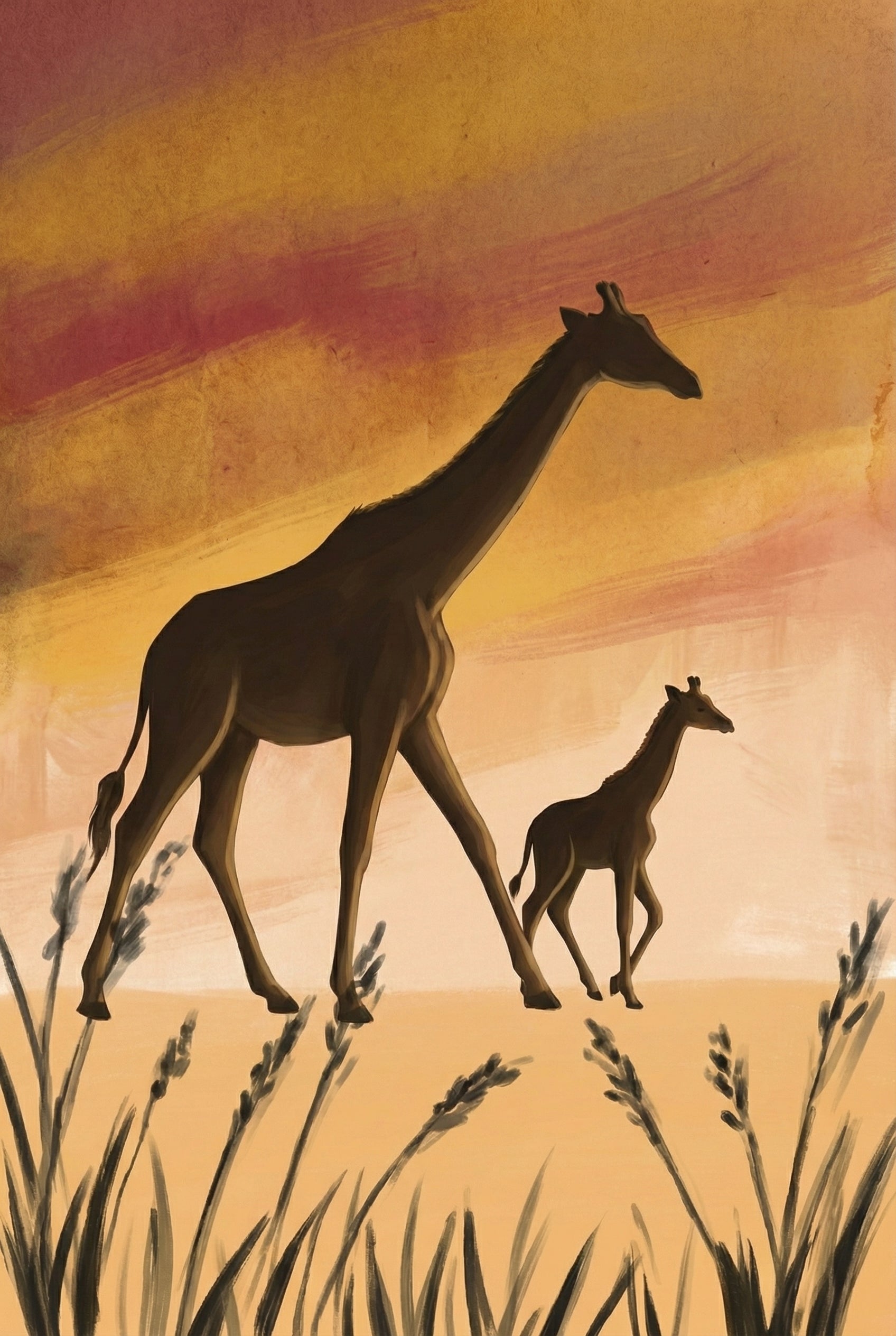 Boho Giraffe Family Earth Tones Wall Art - Golden Savannah Stroll