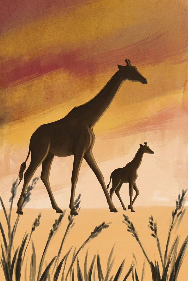 Silhouettes of a tall giraffe and a baby giraffe walking side by side against a vibrant orange and red sunset sky.
