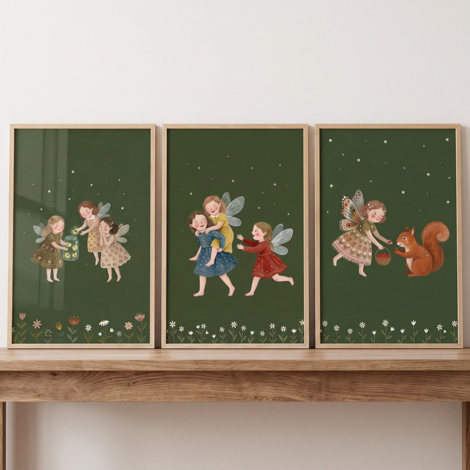 Boho green forest fairies wall art set of 3 with whimsical winged girls playing and a squirrel on starry green backgrounds.