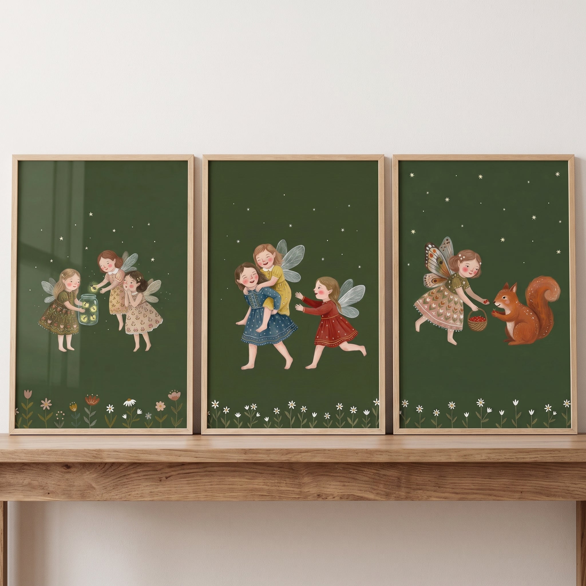 Boho Green Forest Fairies Wall Art Set of 3 - Enchanted Forest Friends