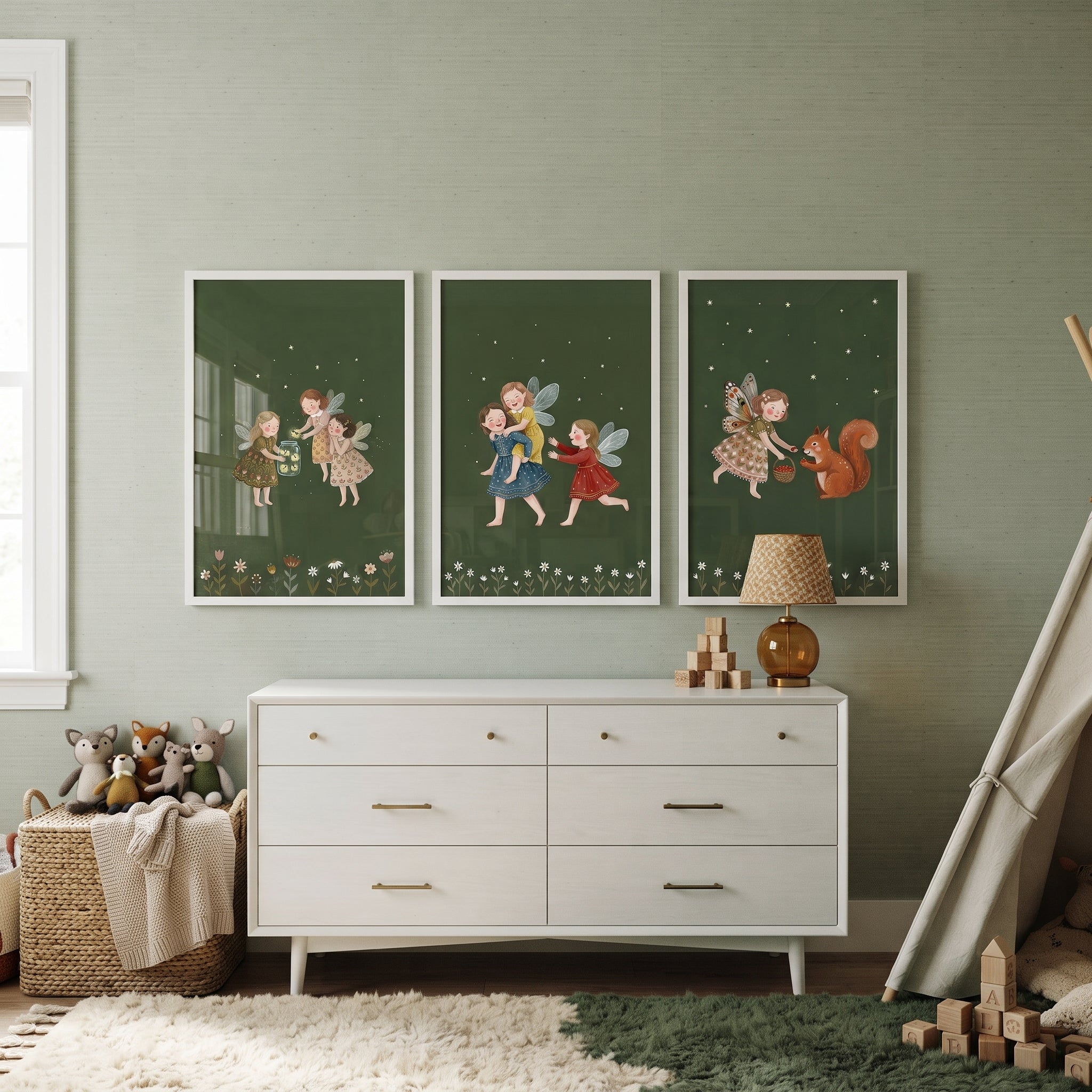 Boho Green Forest Fairies Wall Art Set of 3 - Enchanted Forest Friends